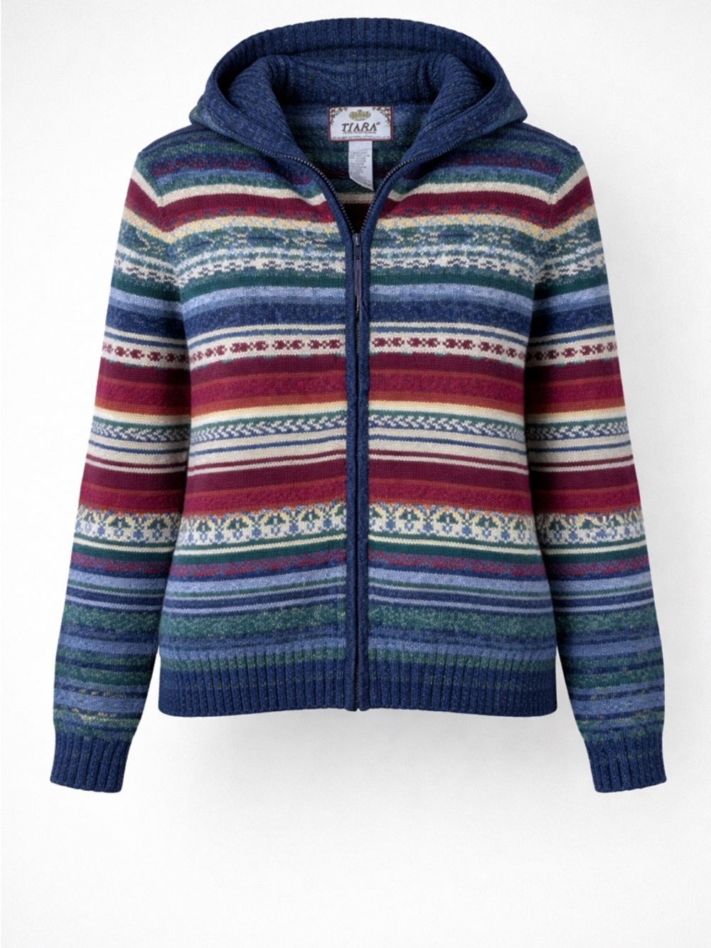 Vintage TIARA Fair Isle Zip Front Cardigan Sweater Multicolor Sz M Ramie Cotton